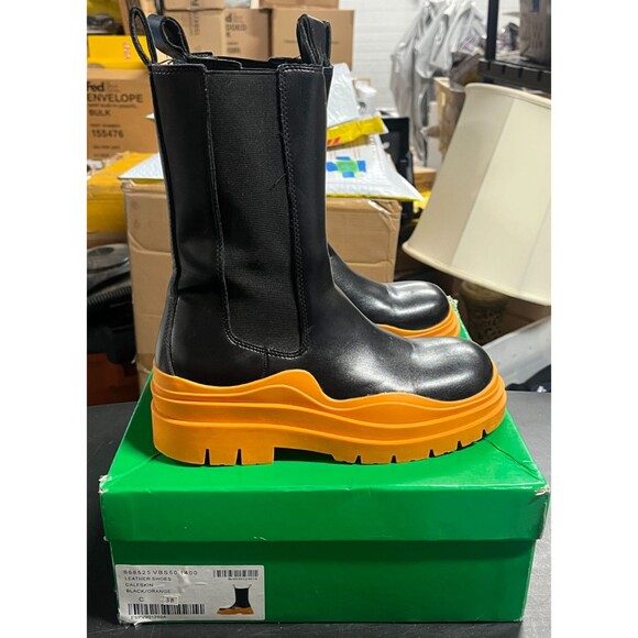 Bottega Veneta Shoes - Bottega Veneta Tire Chelsea Boot in Black & Tangerine with Box EU 38/US 8
